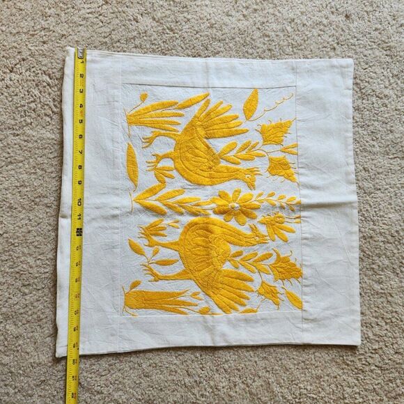 Otomi 20" Pillow Cover Only Oversized Square Hand Embroidered Yellow Birds NEW - Picture 8 of 11